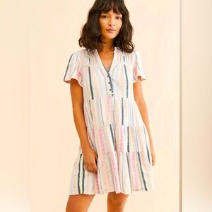 Anthropologie Georgina Tiered Cotton Lined mini dress striped Size Medium cream